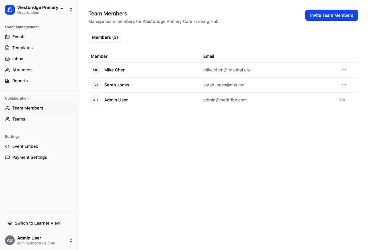 Teams page showing membership status